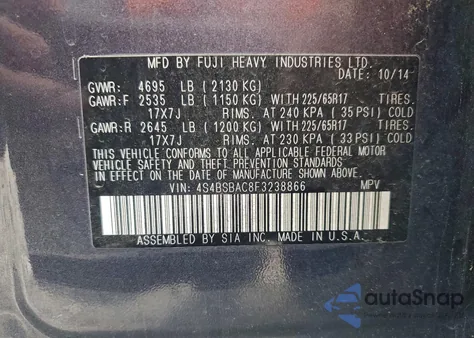 2015 Subaru Outback 2.5I from USA, damaged, VIN 4S4BSBAC8F3238866